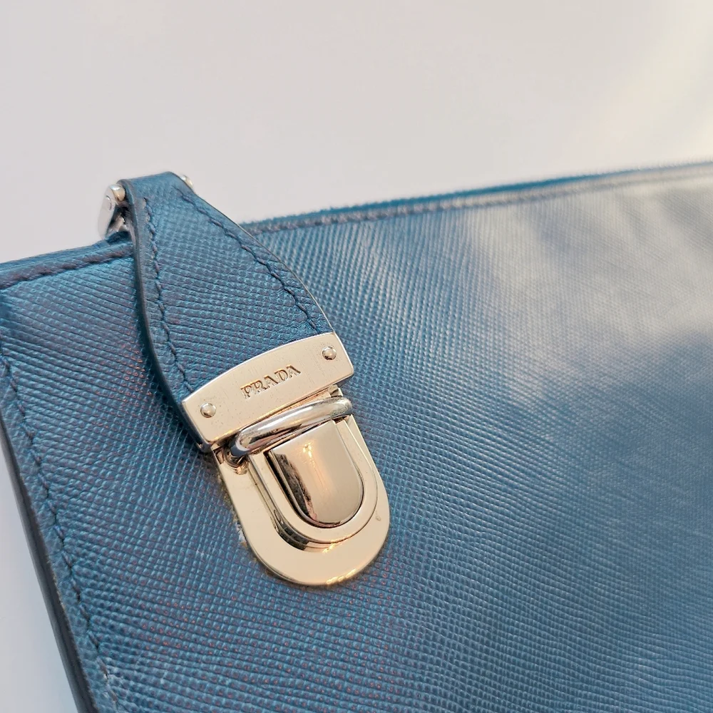 PRADA Saffiano Leather Blue Zipper Clutch Pouch Bag With Silver Hardware. - Picture 14 of 14